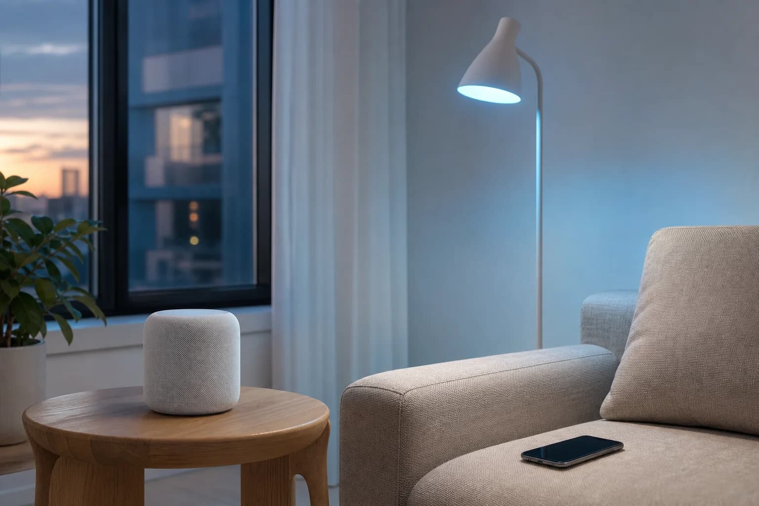Smart lighting and speaker in a bright modern living room