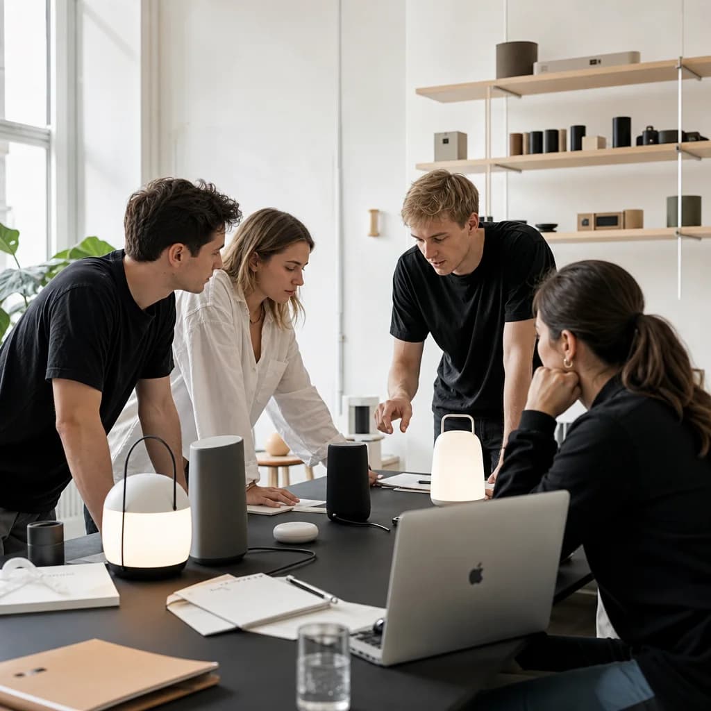 The Peltium founders working together around a table of devices
